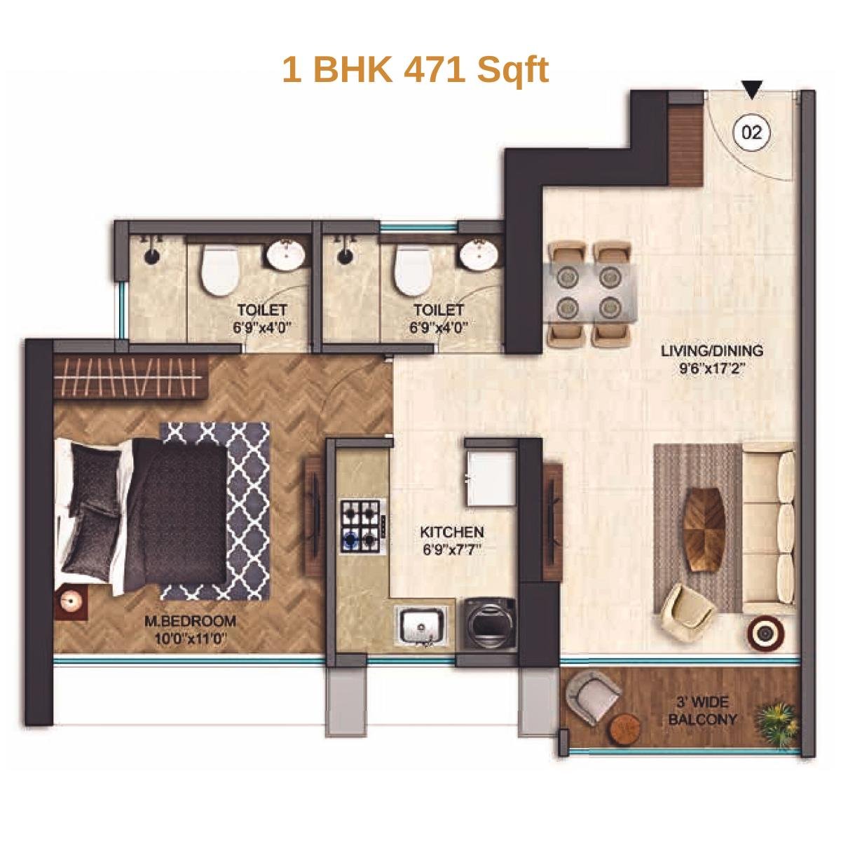 Runwal-25-hour-life-Floor-Plan-Tower-A1-1-BHK-471-Sqft