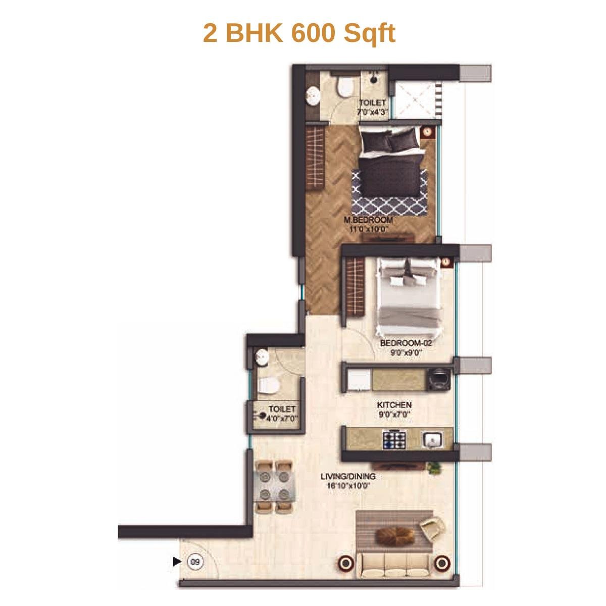 Runwal-25-hour-life-Floor-Plan-Tower-A1-2-BHK-600-Sqft