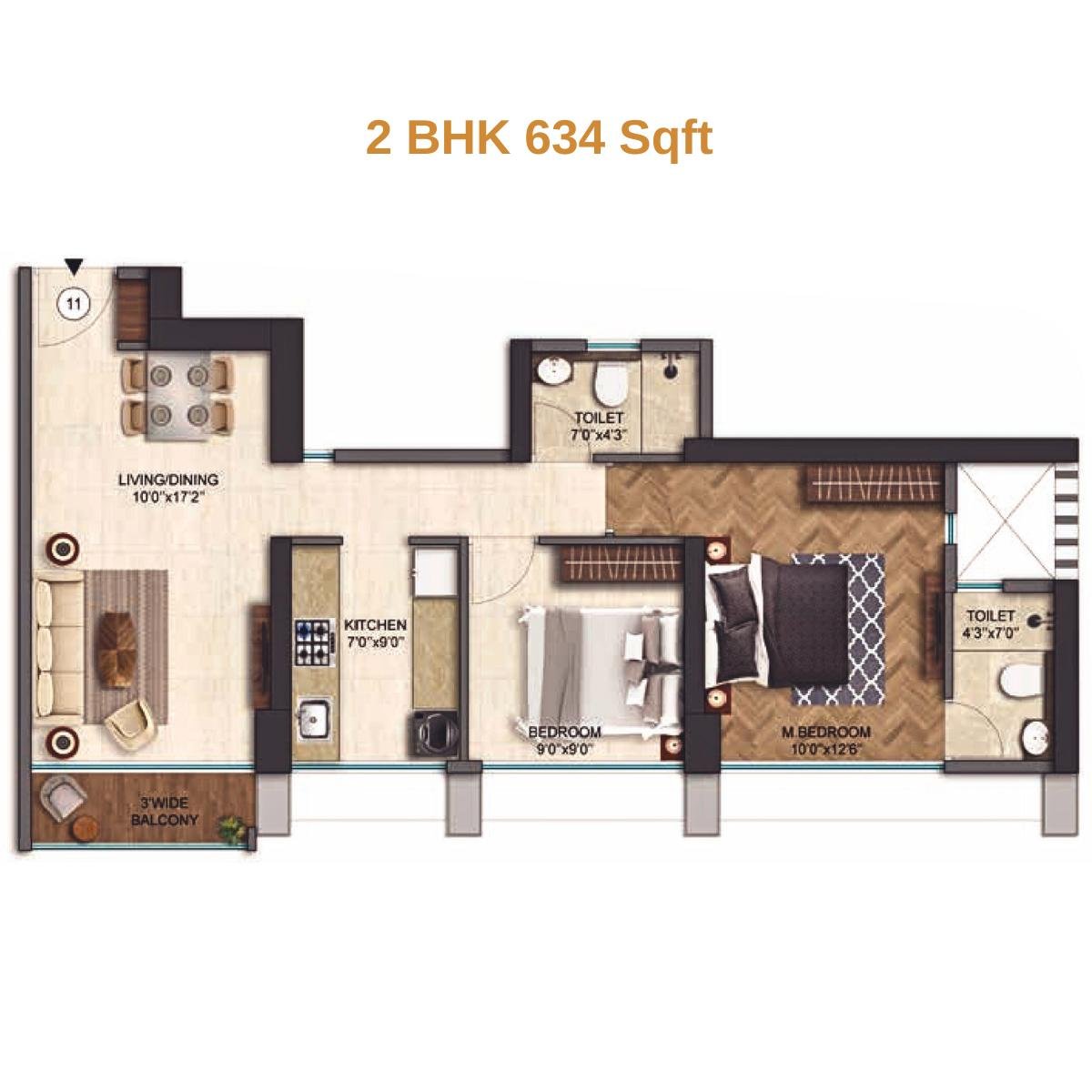 Runwal-25-hour-life-Floor-Plan-Tower-A1-2-BHK-634-Sqft