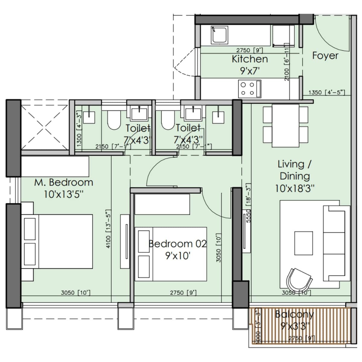 Runwal-25-hour-life-Floor-Plan-Tower-B1-2-BHK-631-sqft